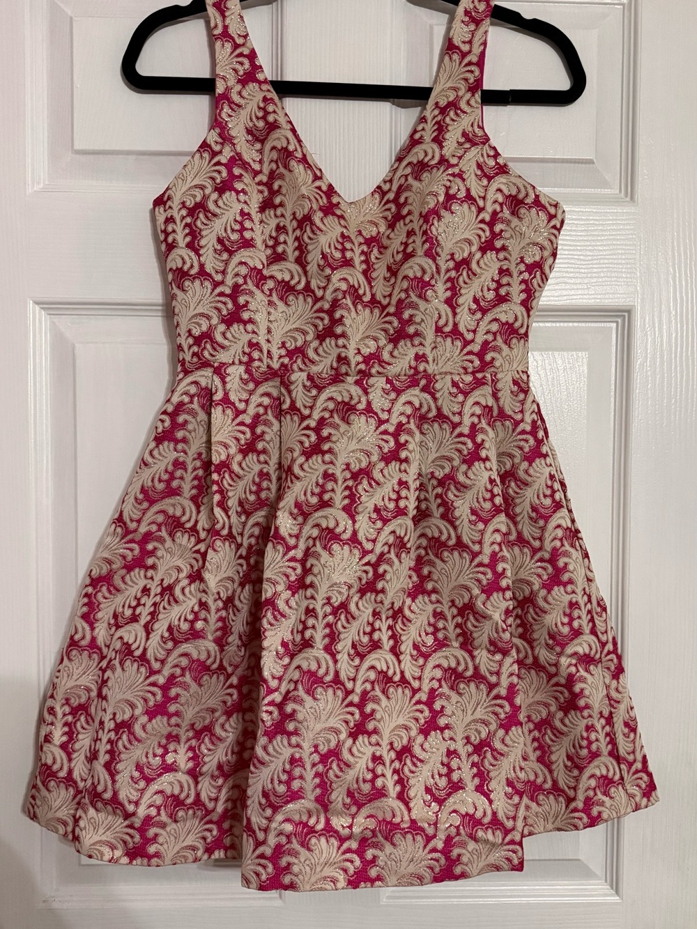 Jealous Tomato Pink and Cream Brocade V-Neck Party Dress